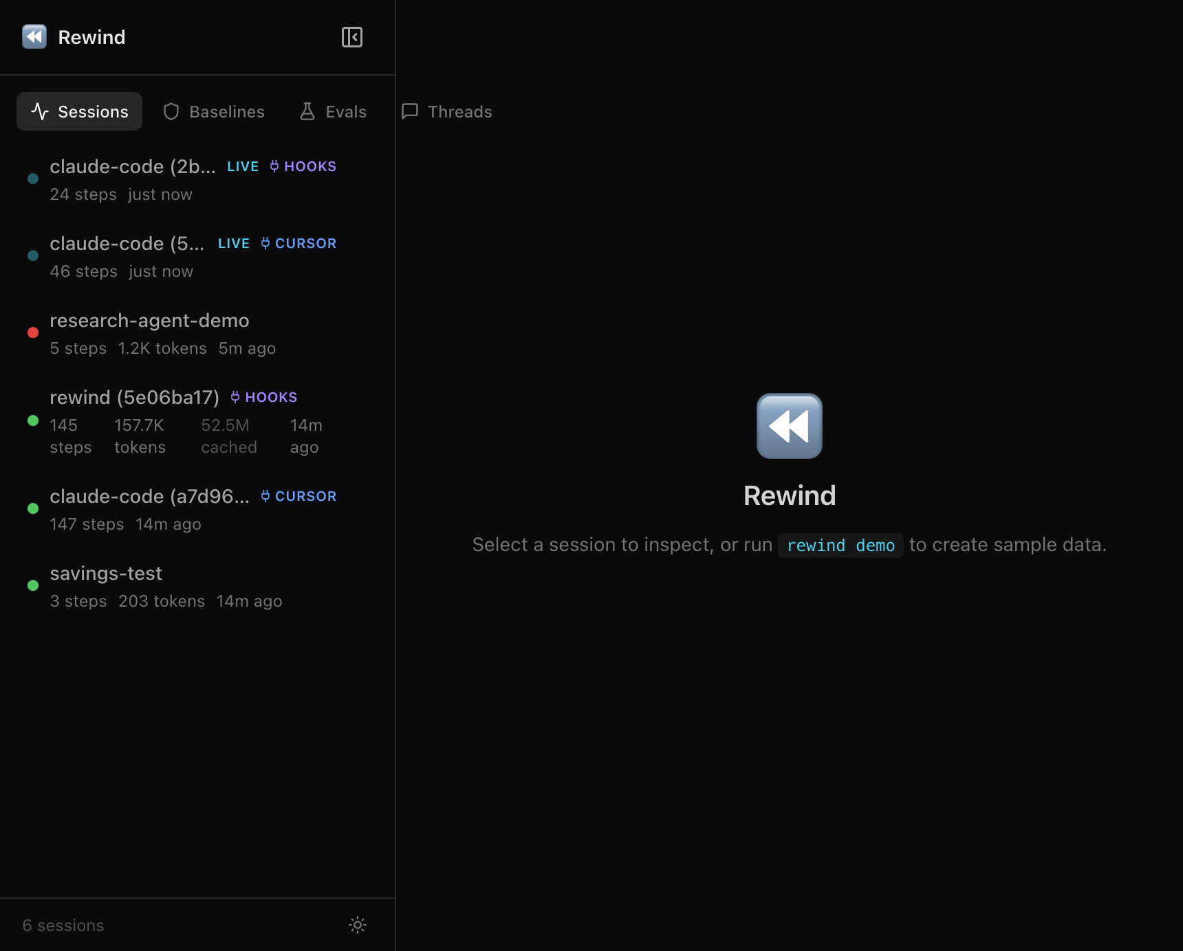 Rewind web dashboard showing session trace with span tree